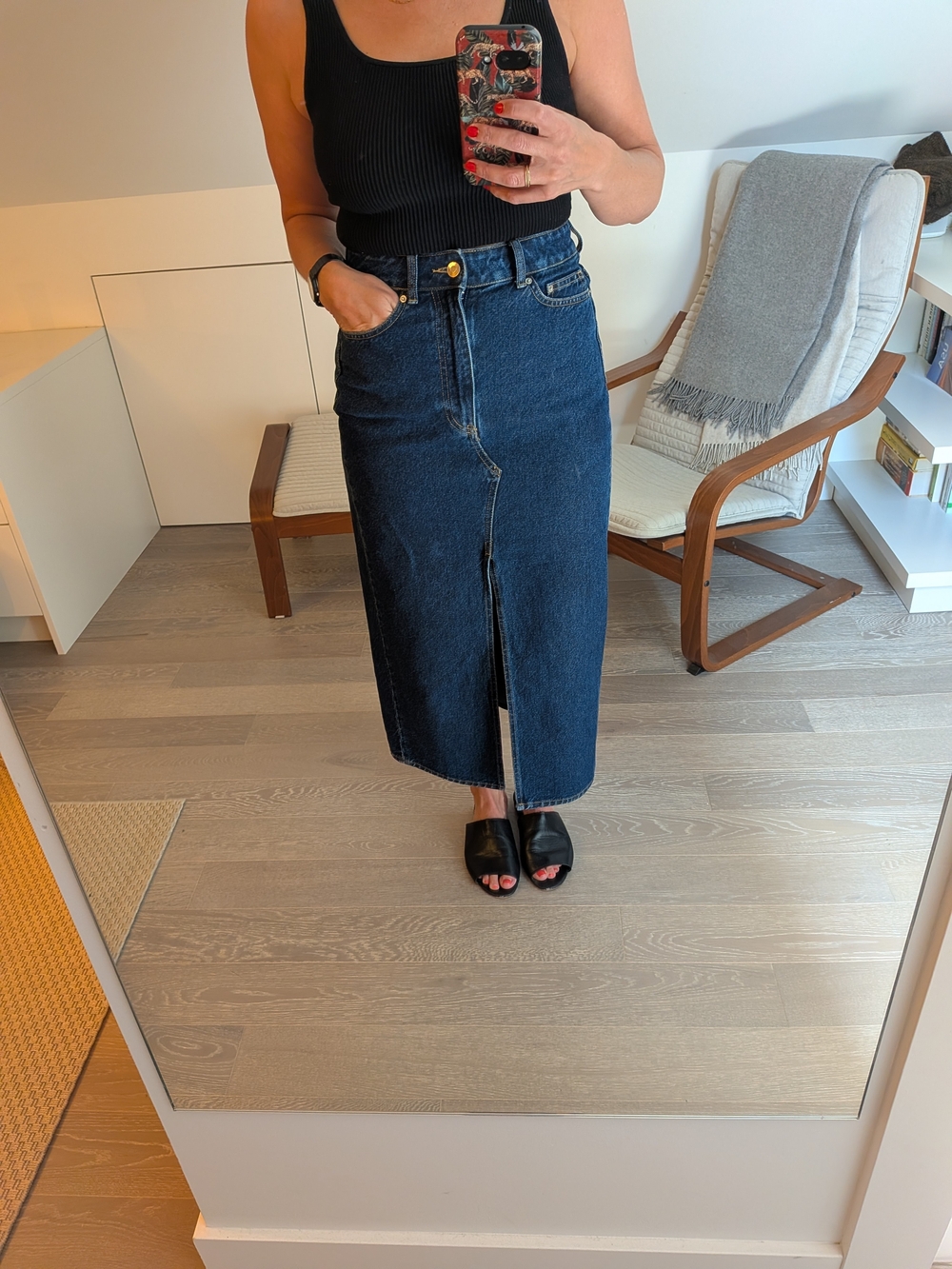 Denim Midi Skirt with Front Slit